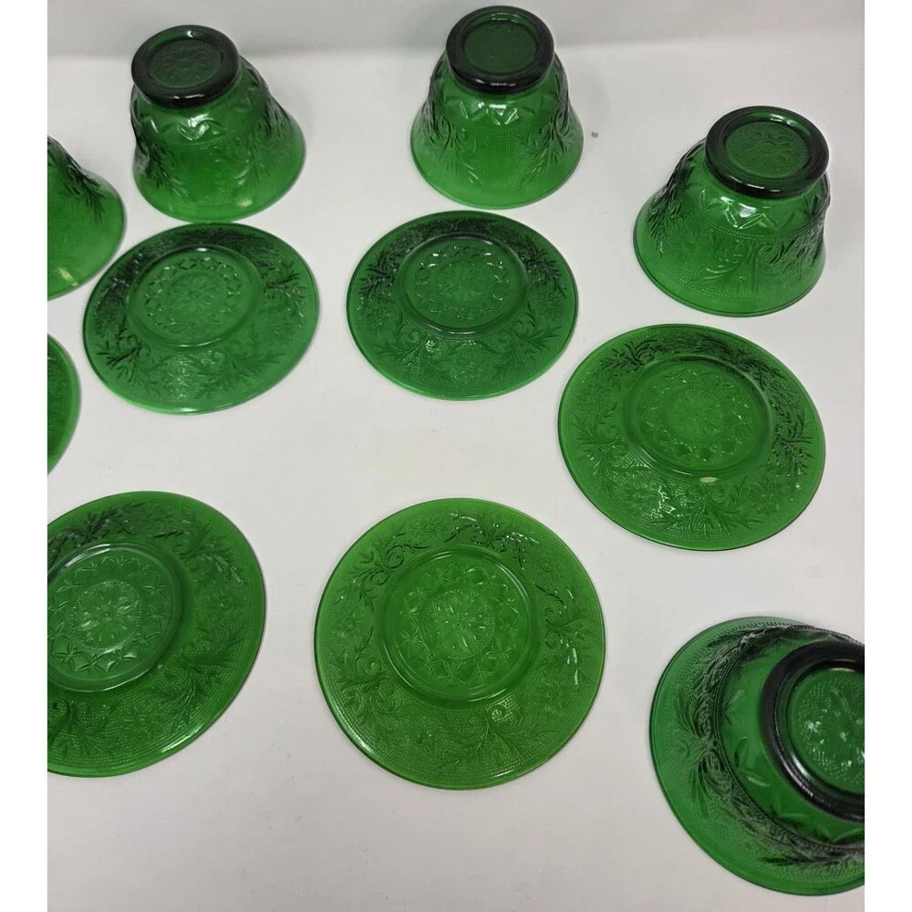 6 Vintage Anchor Hocking Forest Green Sandwich Custard Cups Set And Saucer‎ Set
